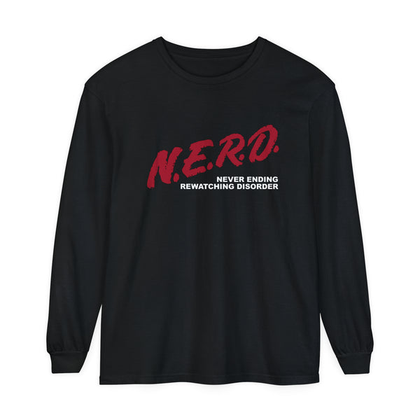 black long sleeve t-shirt with red design that says nerd