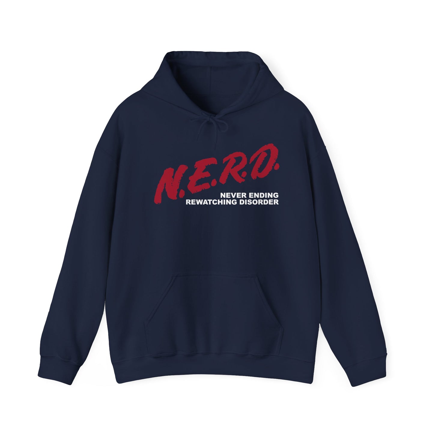 navy blue hoodie with red design that says nerd