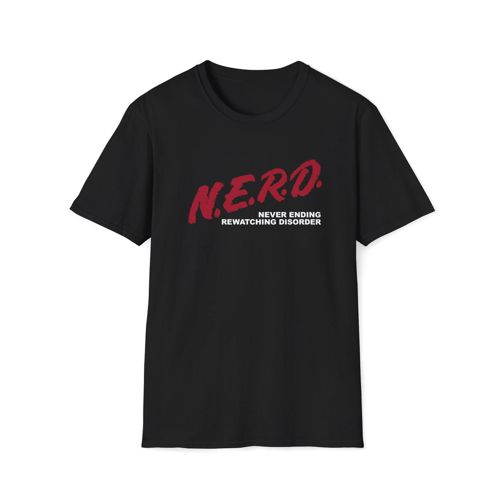 black shirt with red design that says nerd