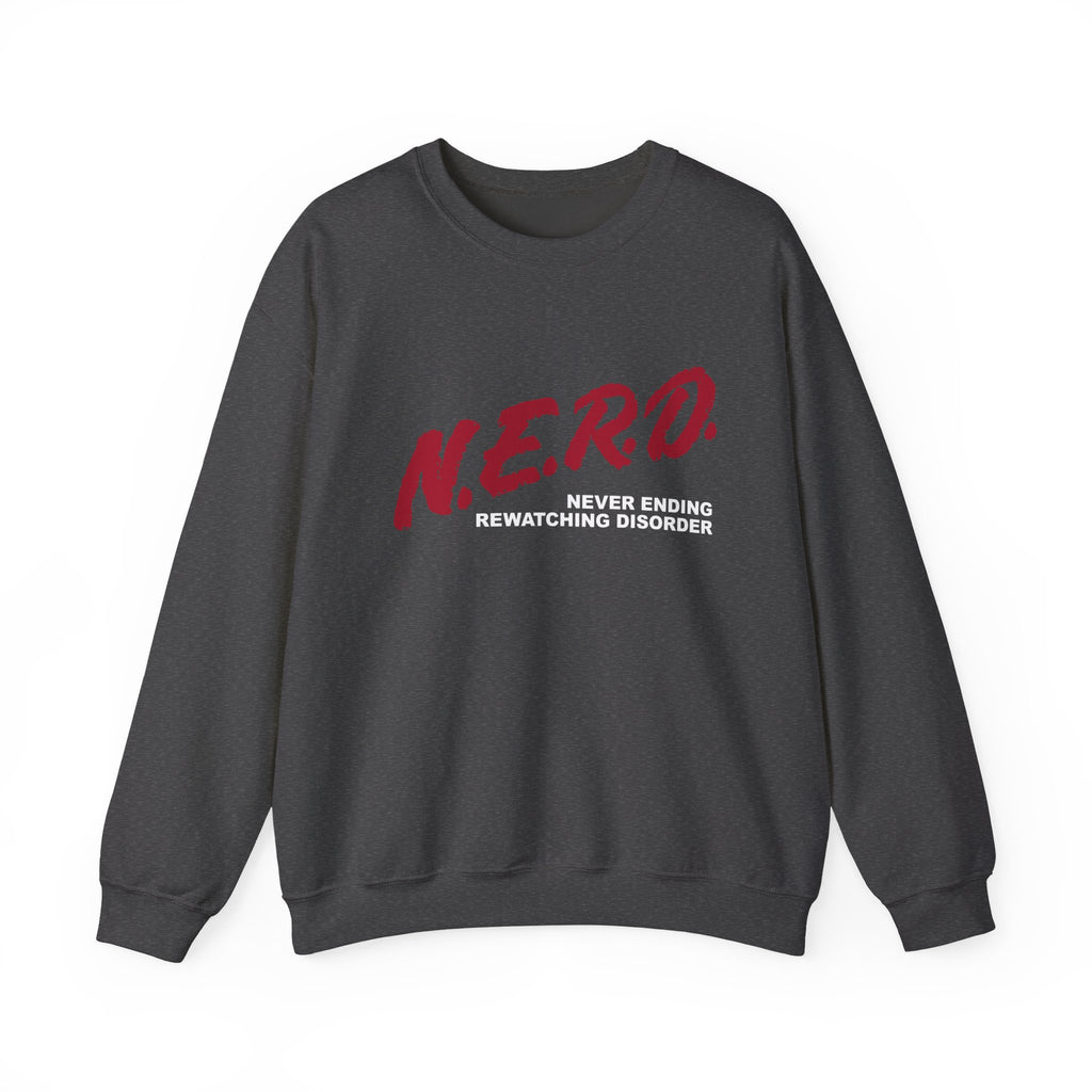 heather gray crewneck sweatshirt with red design that says nerd