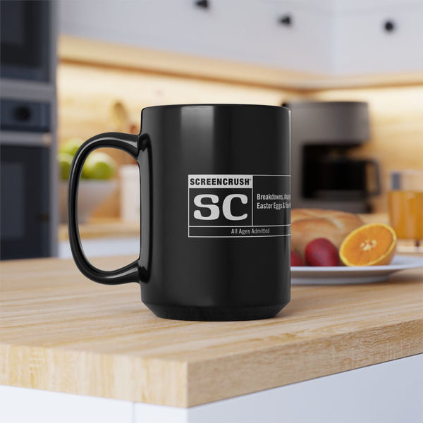 black coffee mug with SC rating design in white on kitchen counter