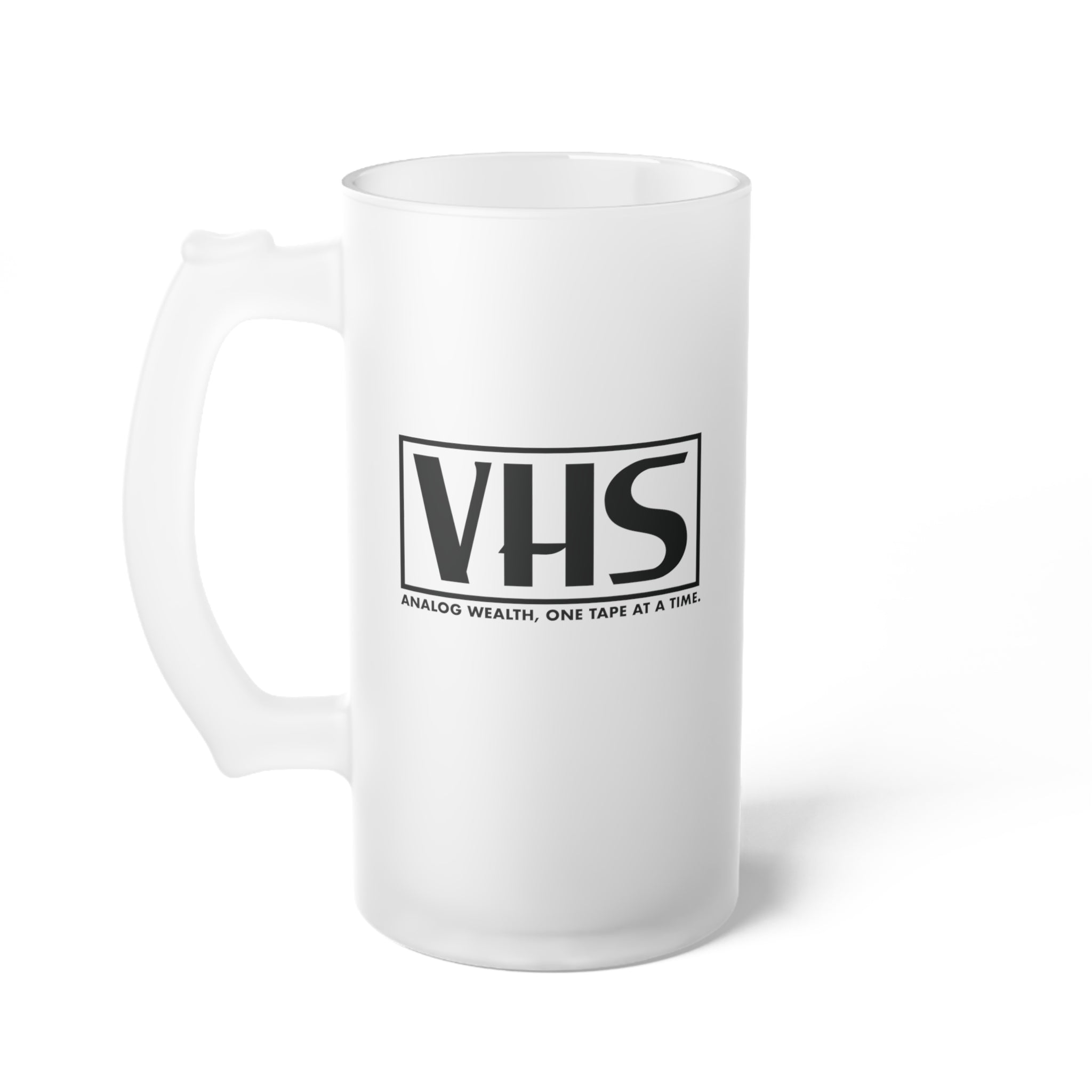 Frosted Glass stein featuring VHS analog wealth design
