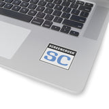 transparent sticker with SC rating in blue shown on laptop