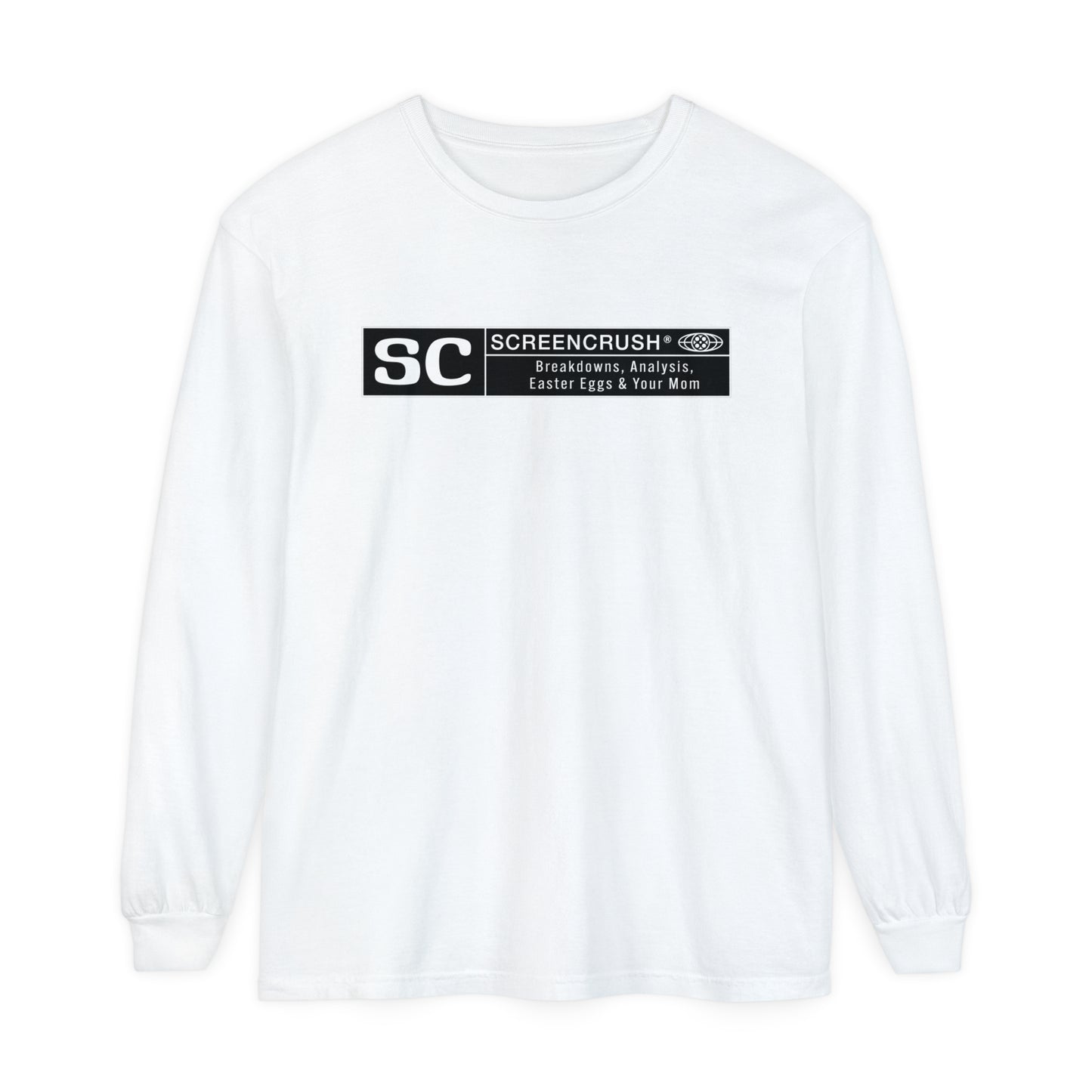 white long sleeve t shirt with black ScreenCrush rating design