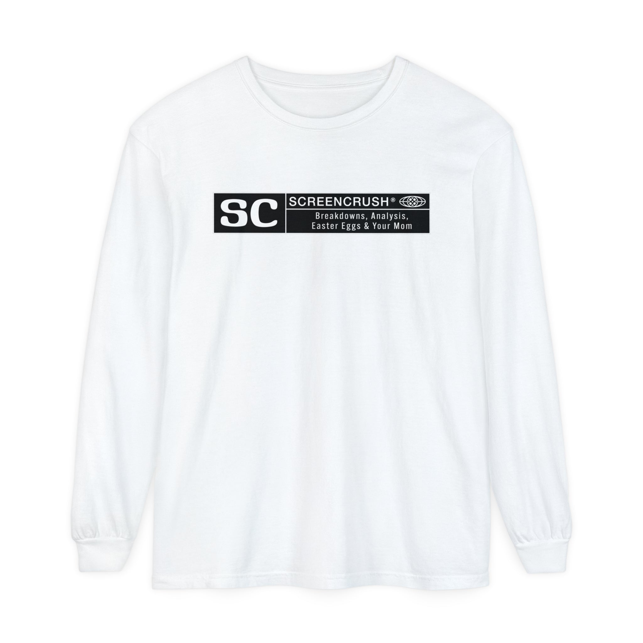 white long sleeve t shirt with black ScreenCrush rating design