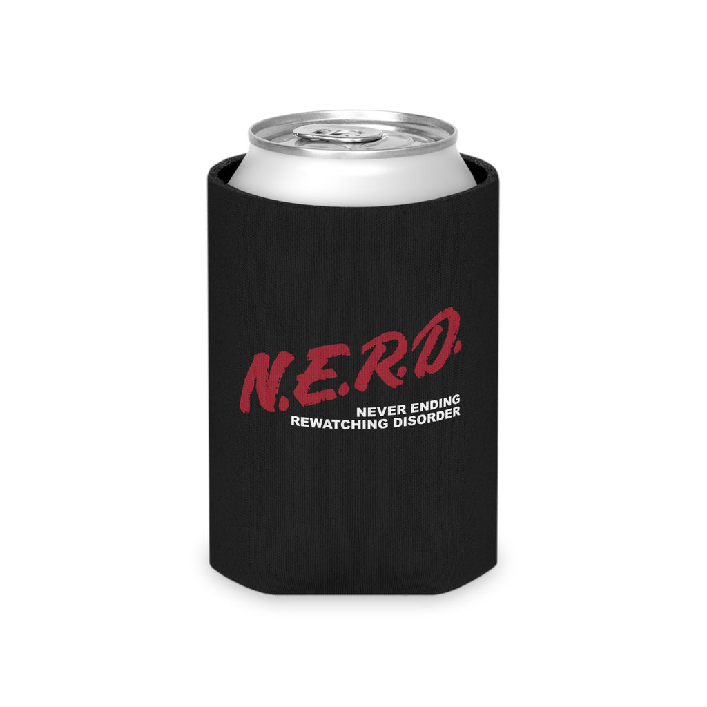 can in a black can cooler with red design that says nerd