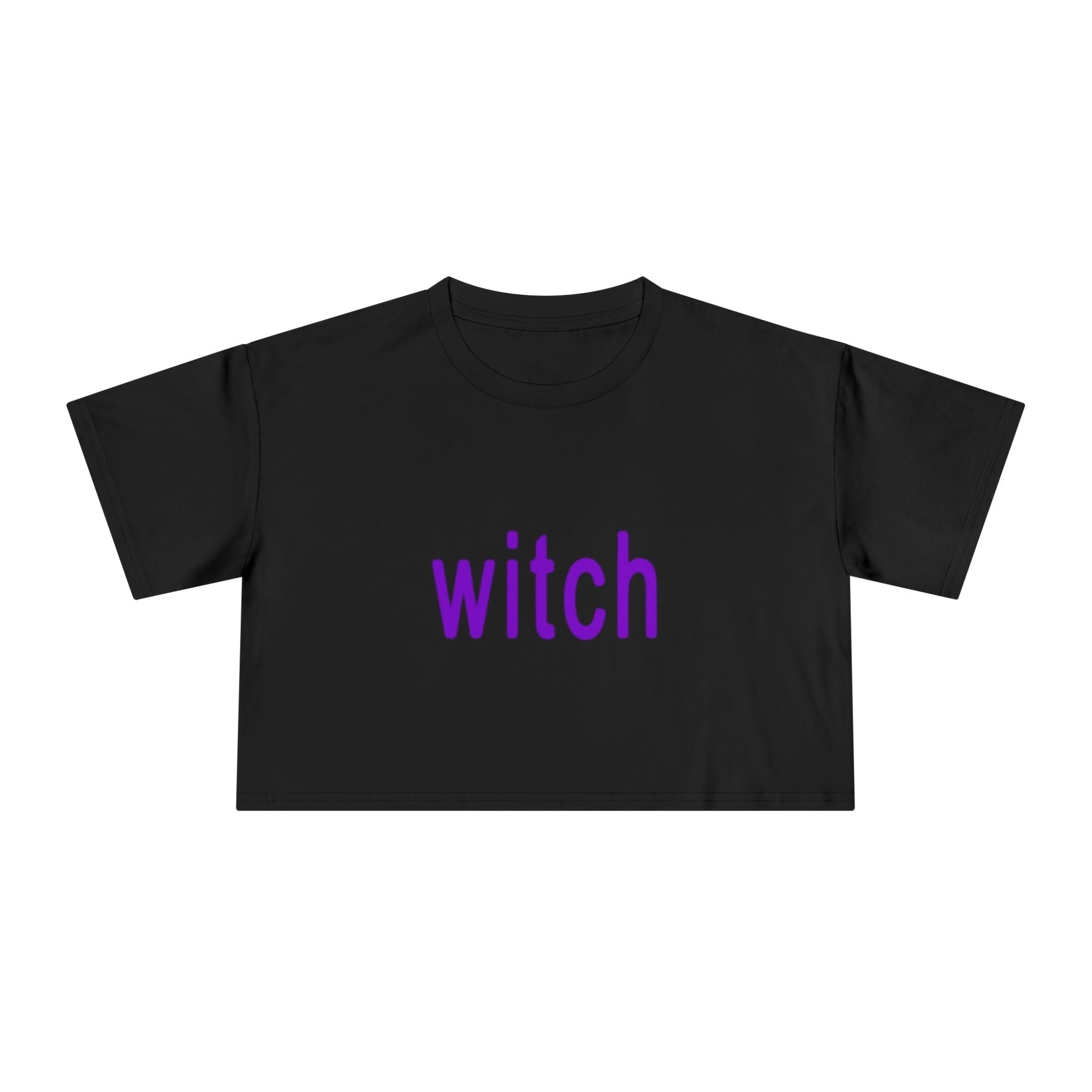 cropped black t shirt with witch in purple