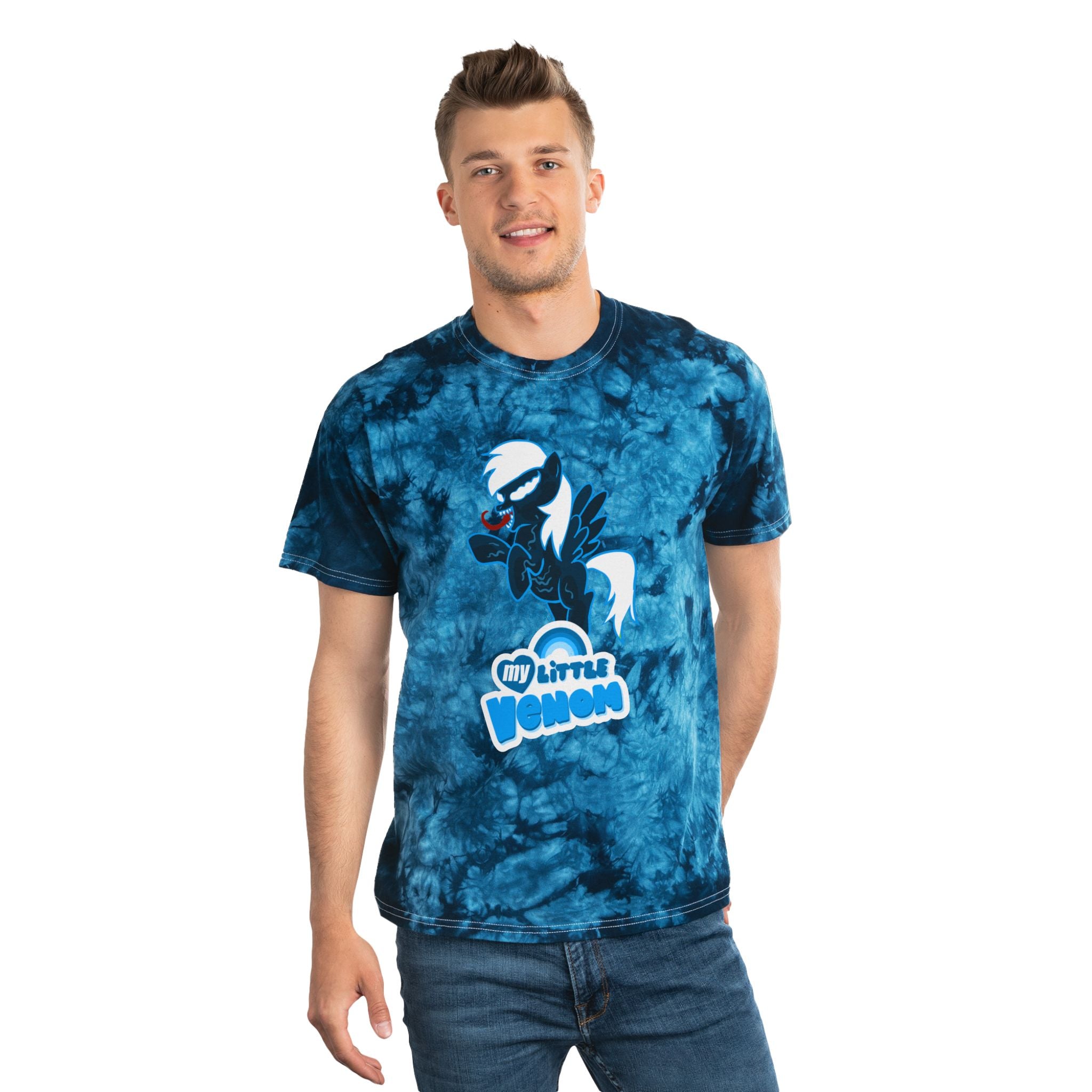 blue and black crystal tie dye t shirt with my little pony inspired by venom shown on a man