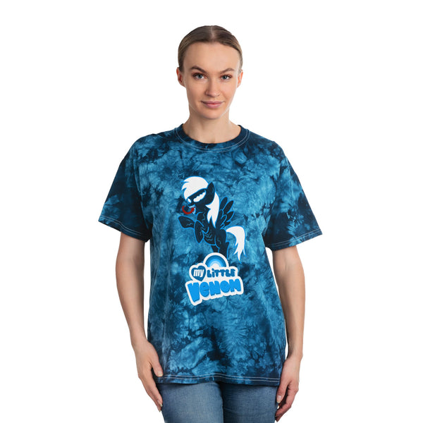 blue and black crystal tie dye t shirt with my little pony inspired by venom shown on a woman