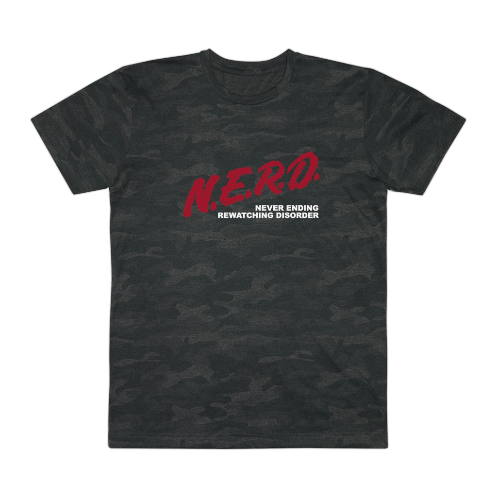 black camouflage t-shirt with red nerd design