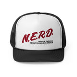 trucker hat with black mesh and bill and white front panel that features red nerd design shown from the front