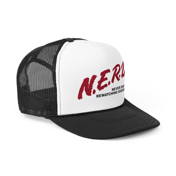 trucker hat with black mesh and bill and white front panel that features red nerd design shown from the side