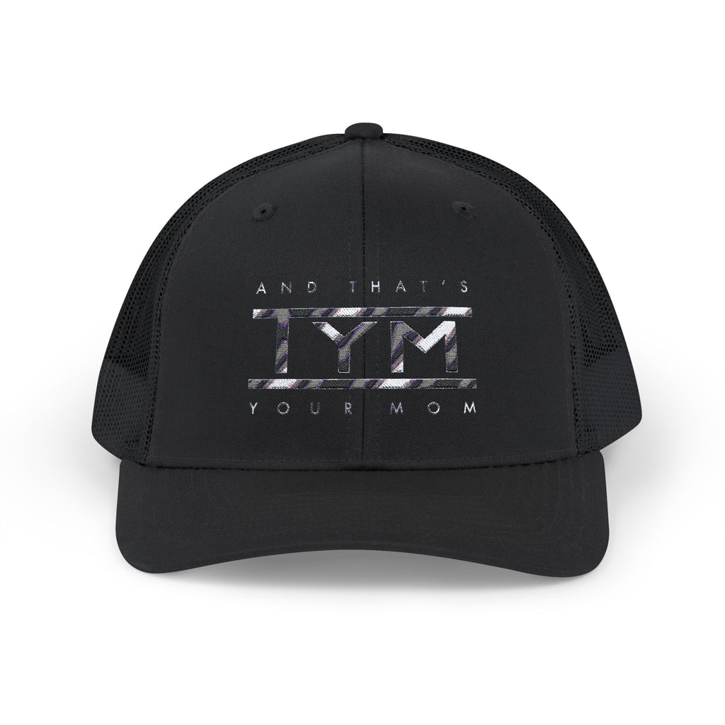 black trucker cap featuring TYM and that's your mom chrome blue design