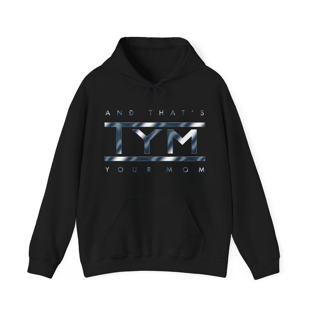 black hooded sweatshirt featuring TYM and that's your mom chrome blue design 