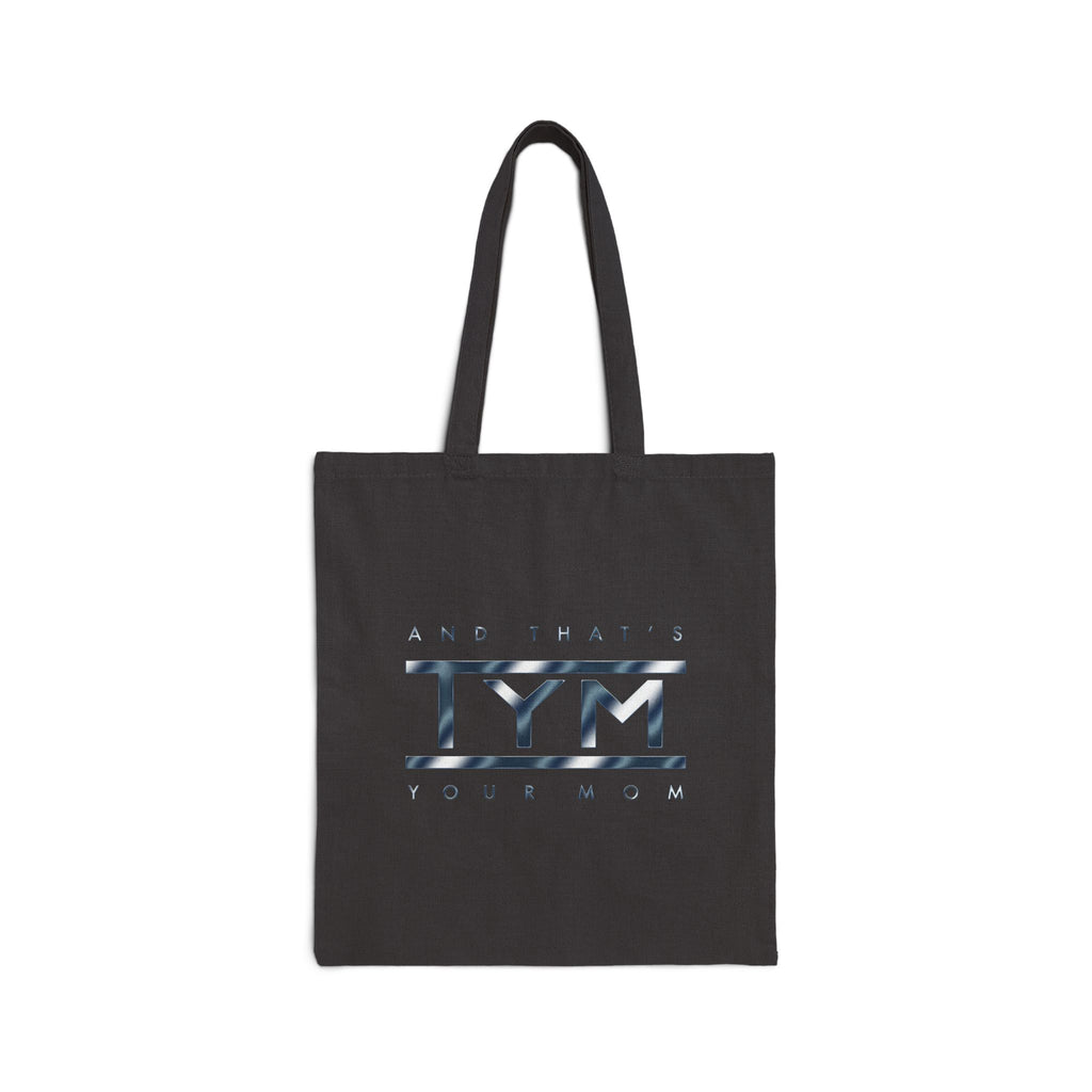 black tote bag featuring TYM and that's your mom chrome blue design 