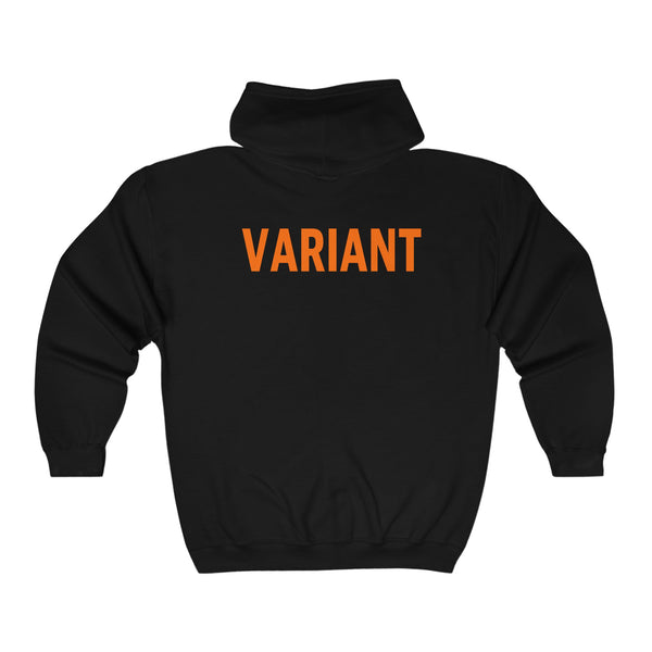 black zip up hoodie back with variant in red letters