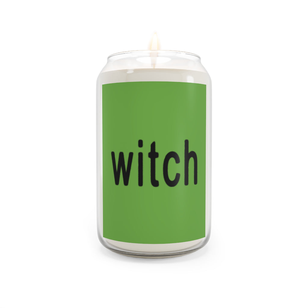 clear cable with white wax candle and green square with black words saying witch in the style of brat