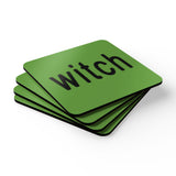 four green coasters  featuring white black witch design in the style of brat stacked and fanned for display