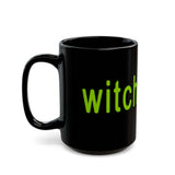 black coffee mug with witch design in style go brat