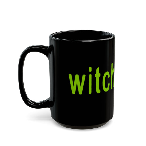 black coffee mug with witch design in style go brat