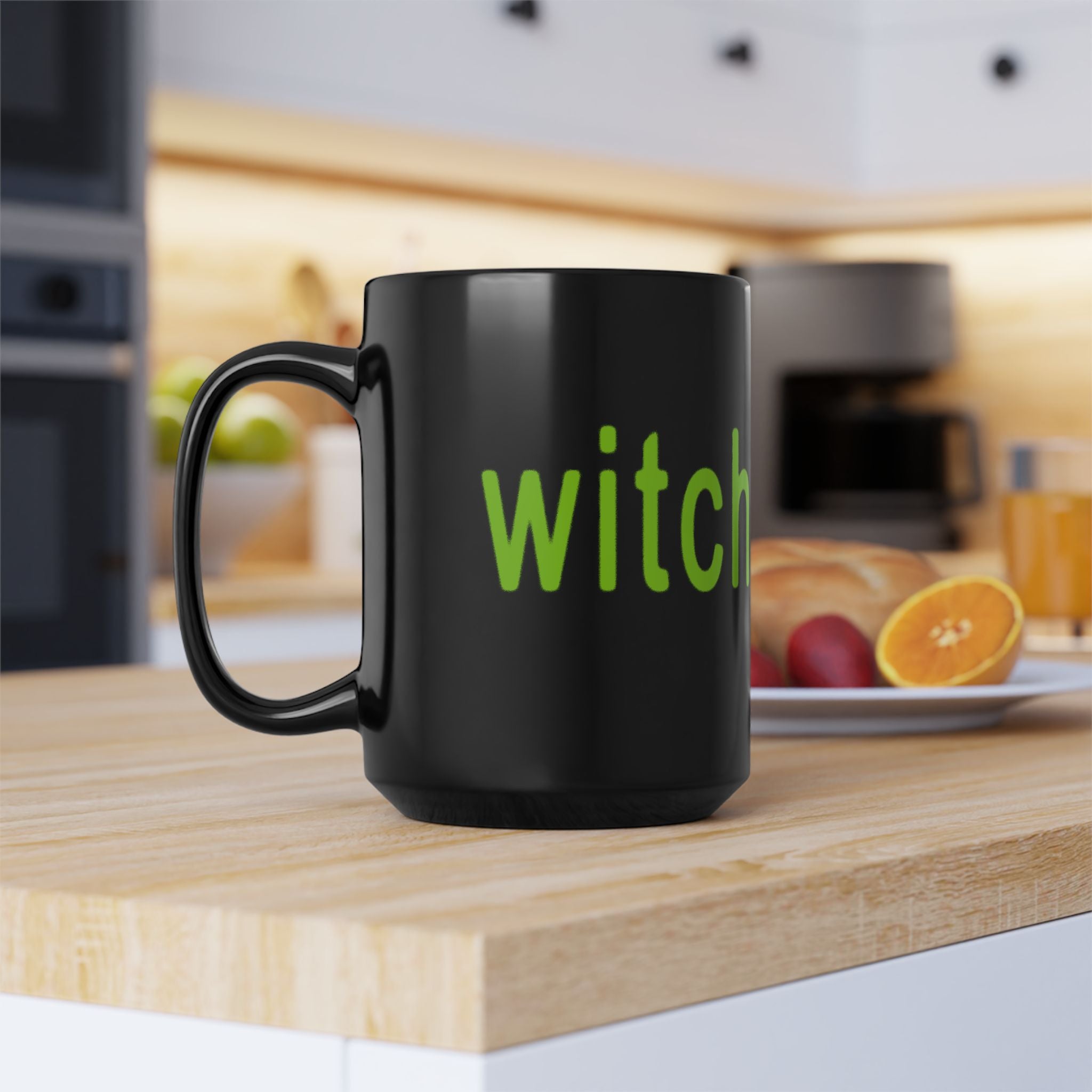 black coffee mug with witch design in style go brat