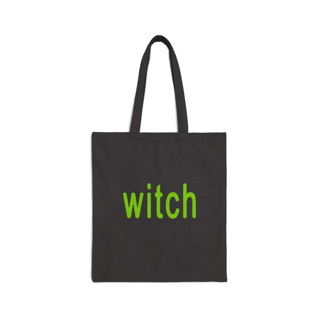 black tote bag with witch in lime green